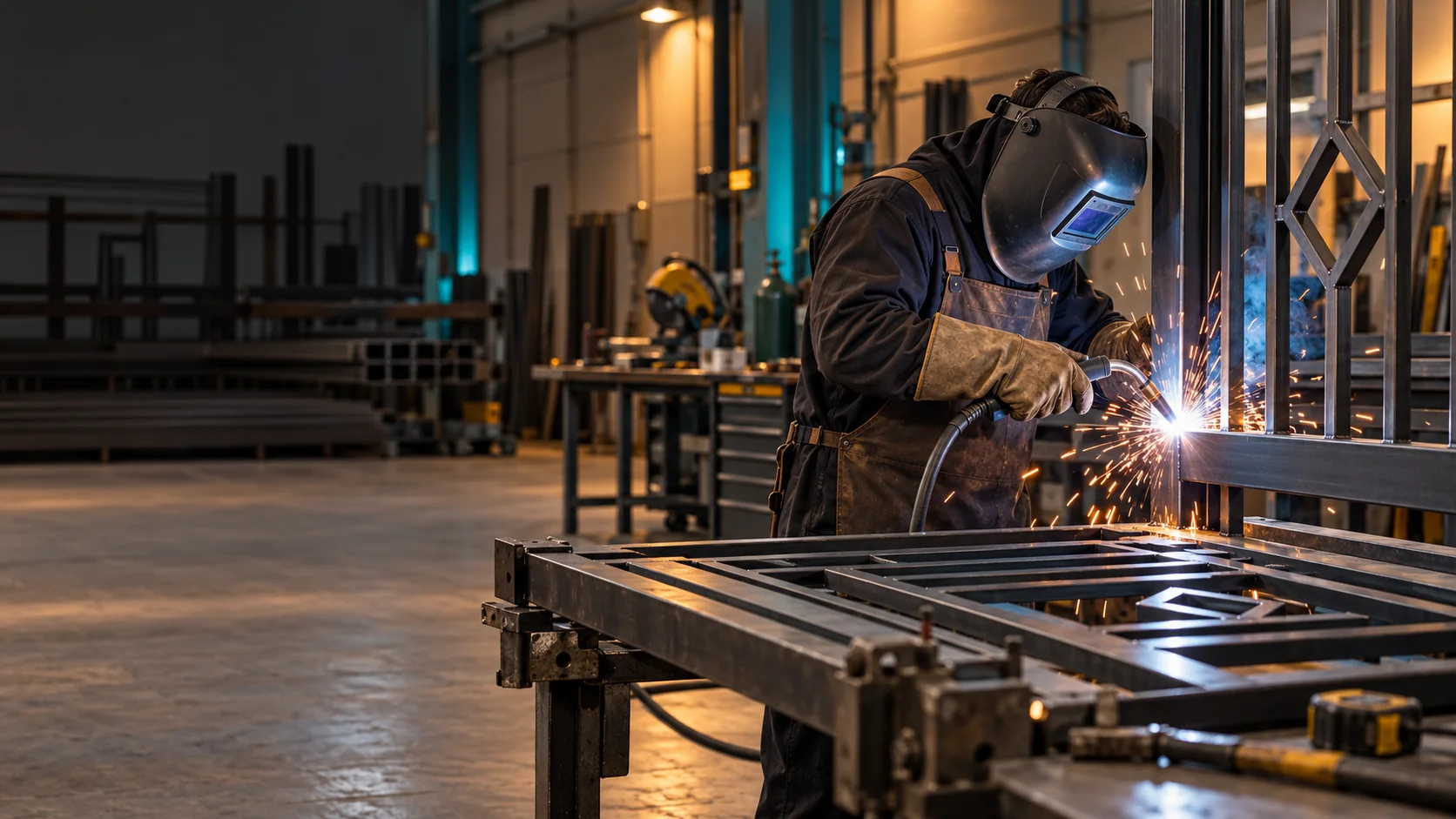 Welder fabricating a steel frame in a workshop